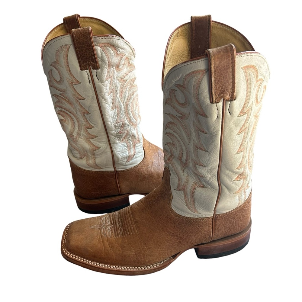 Justin Boots Tan Brown Leather Western Cowboy Boots with Cream White Shaft